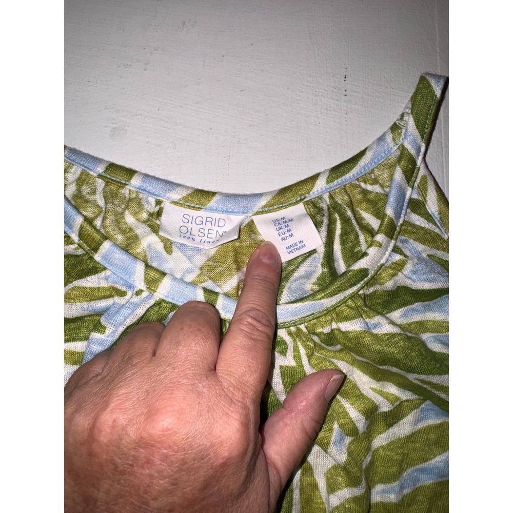 Sigrid Olsen Womens Medium Green Blue Palm Leaf Print 100% Linen Tank Top Blouse